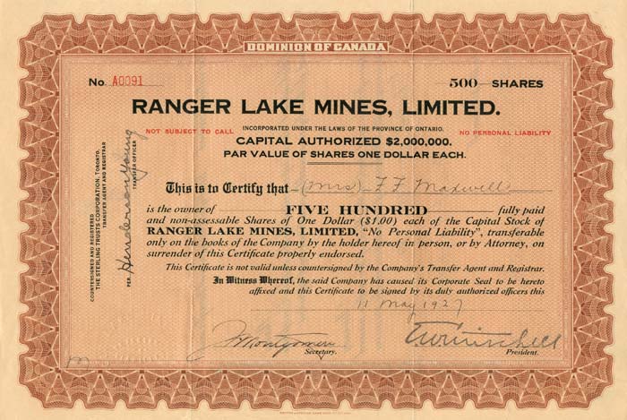 Ranger Lake Mines, Limited - Canadian Mining Stock Certificate